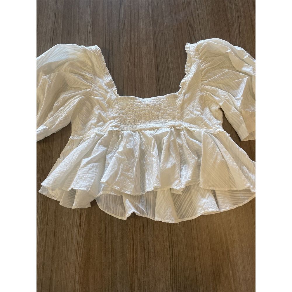 Free People Leave It To Me Babydoll Top Blouse  Puff Sleeves in Ivory Size Small - Picture 8 of 10